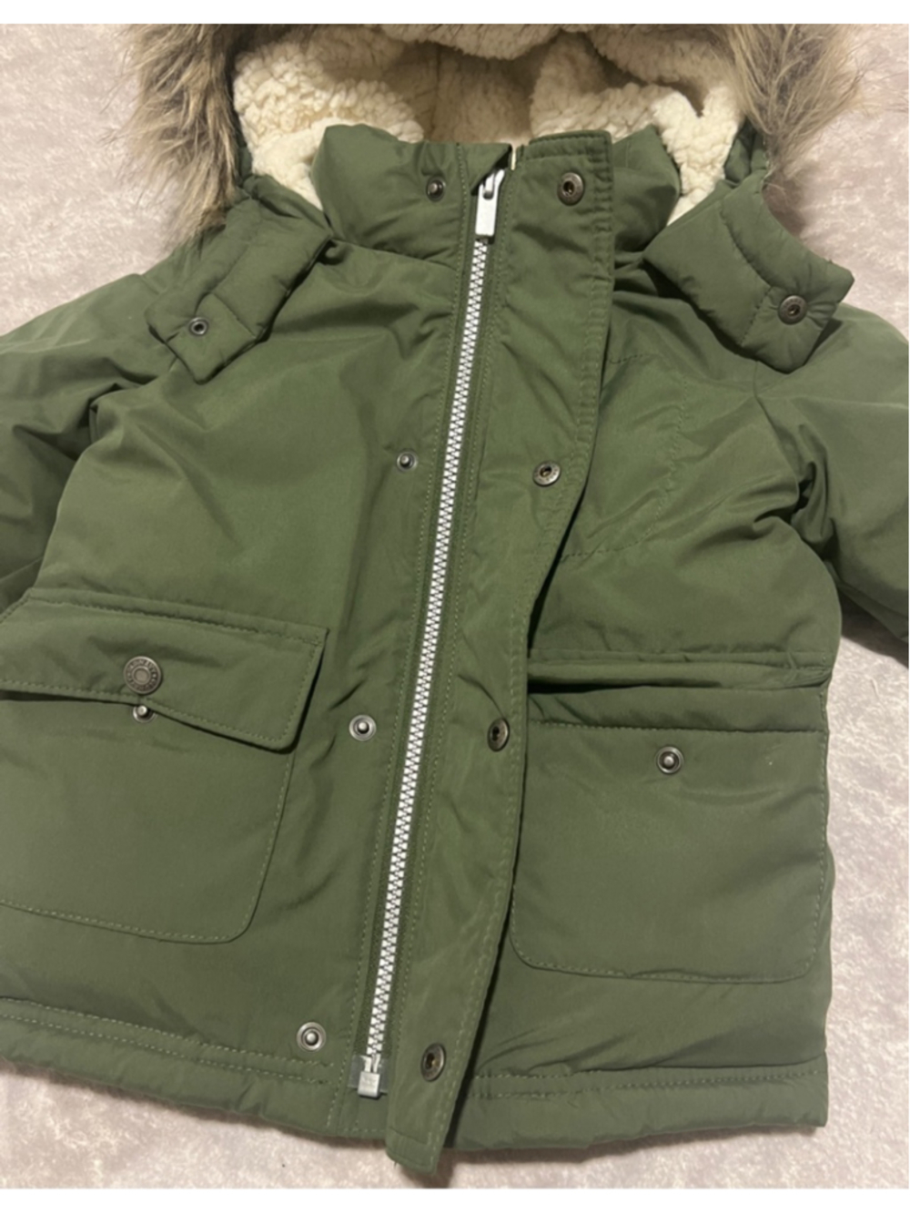 Boys Old Navy Water Resistant Hooded Snow Puffer Jacket 2T Green Faux Fur UNISEX - Picture 4 of 10